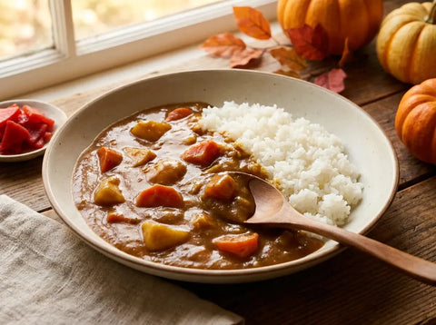 Curry japonais onctueux avec carottes et pommes de terre, servi à côté d’un dôme de riz blanc dans un bol