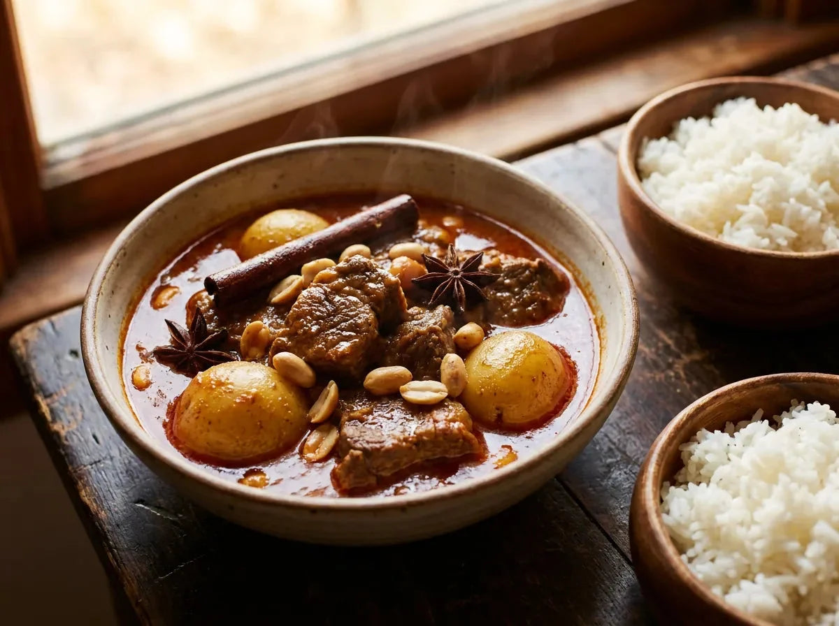 Curry massaman thaï : bœuf fondant, pommes de terre et cacahuètes dans une sauce au lait de coco brune et épicée, bâton de cannelle, riz jasmin