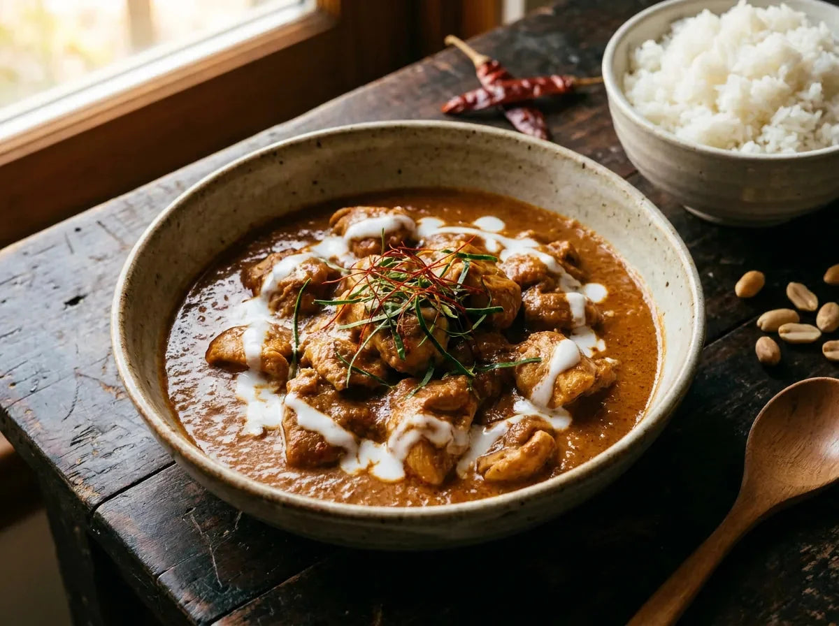 Curry panang thaï : poulet nappé d’une sauce épaisse et crémeuse au lait de coco et cacahuètes, feuilles de combava, piment rouge et riz jasmin