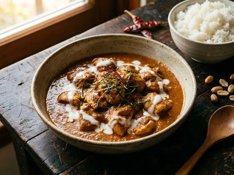 Curry panang thaï : poulet nappé d’une sauce épaisse et crémeuse au lait de coco et cacahuètes, feuilles de combava, piment rouge et riz jasmin