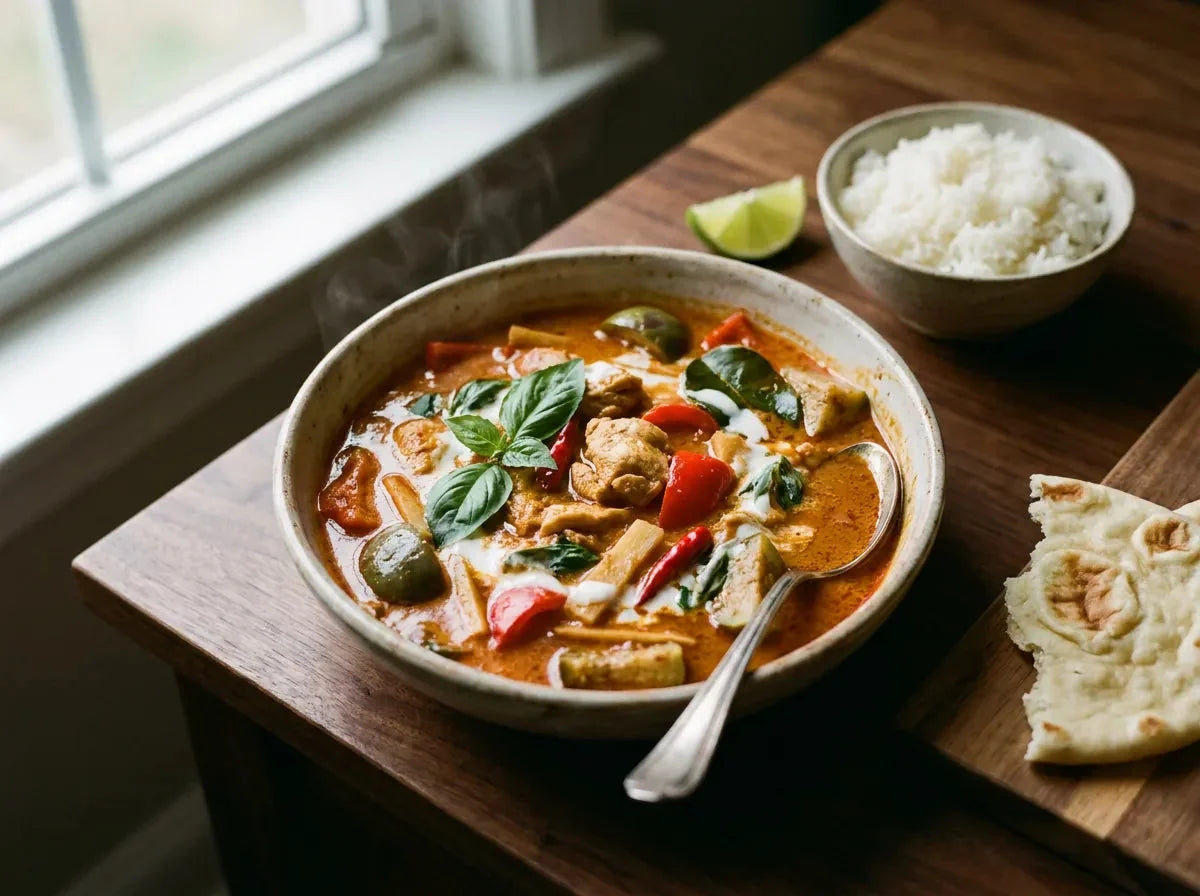 Curry rouge thaï au poulet, poivron, aubergines thaï et basilic, filet de crème de coco, riz jasmin
