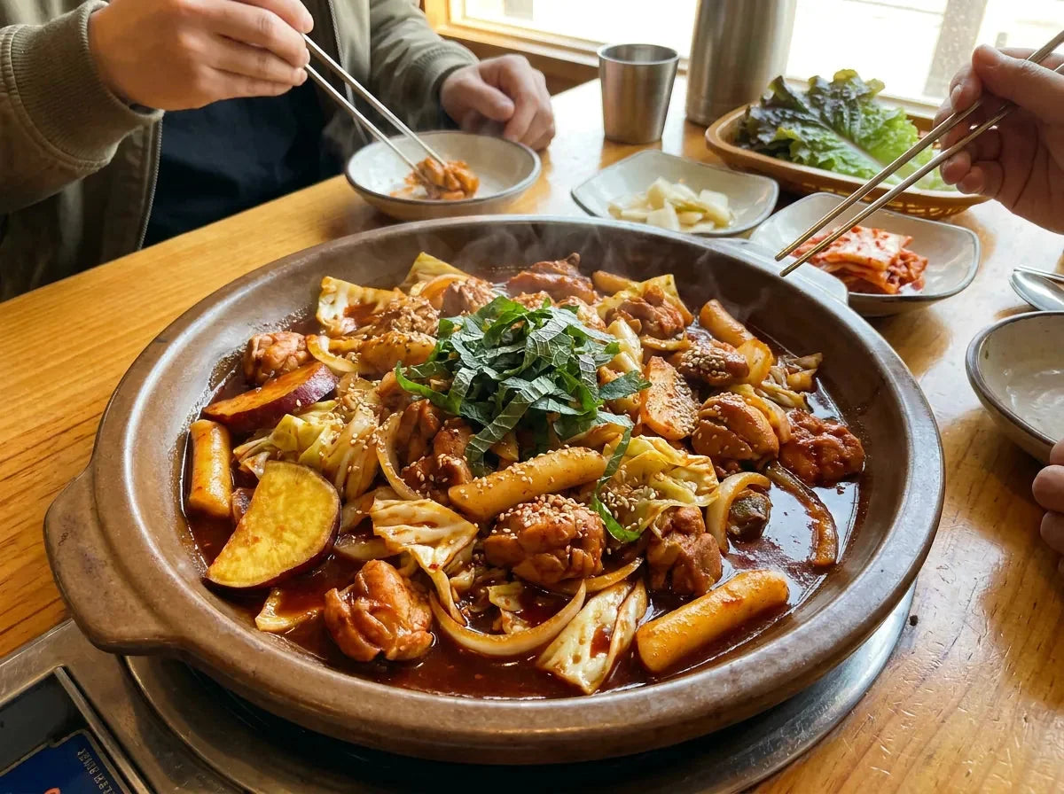 Dak galbi coréen : poulet mariné au gochujang sauté avec chou, patate douce, oignon et galettes de riz sur une plaque rouge et brillante