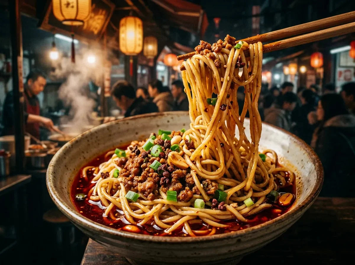 Bol de nouilles dan dan : nouilles de blé nappées de sauce au sésame et huile de piment, porc haché croustillant, oignons nouveaux et poivre de Sichuan