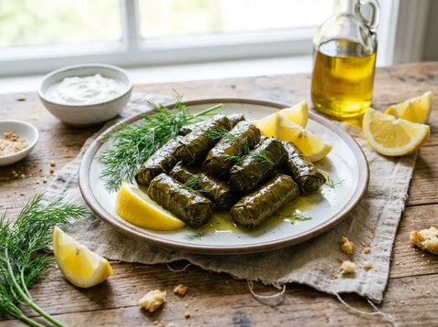 Dolmadakia grecs : feuilles de vigne farcies au riz et aux herbes, arrosées d’huile d’olive et de citron