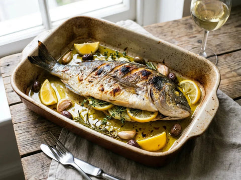 Dorade royale entière rôtie au four, le ventre farci de rondelles de citron et d’herbes fraîches, peau dorée et croustillante