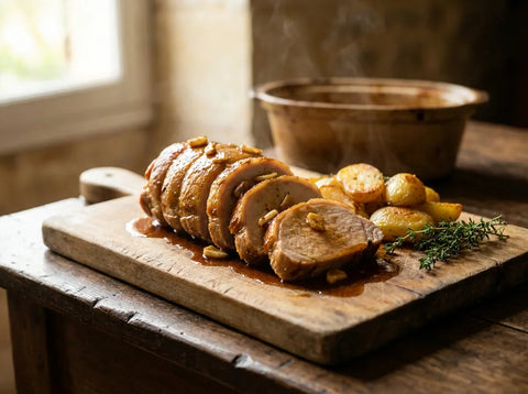 Enchaud périgourdin tranché sur une planche : longe de porc confite piquée d'ail, dorée, nappée de son jus, avec des pommes sarladaises