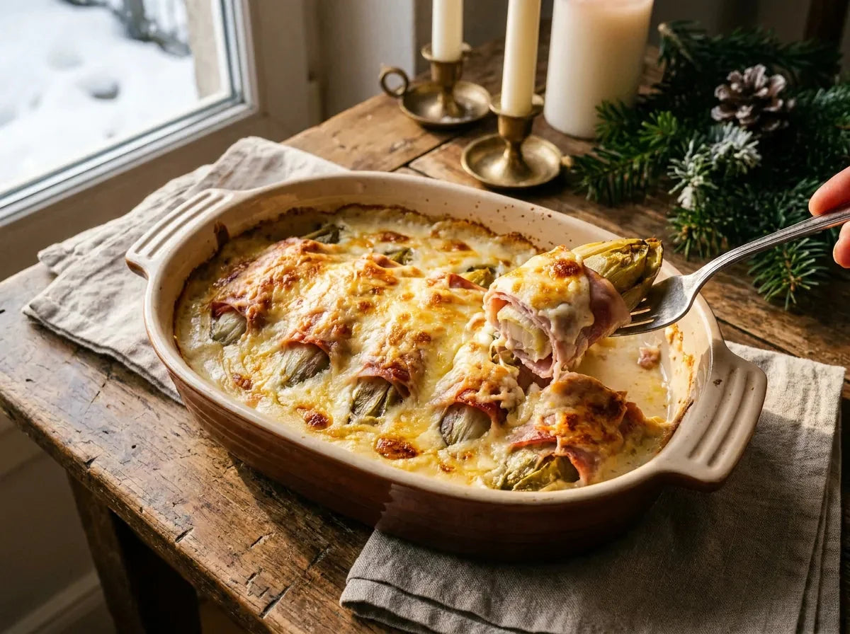 Endives au jambon gratinées dans un plat : endives braisées roulées dans le jambon, nappées de béchamel dorée et gratinée au fromage