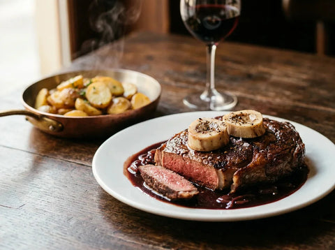 Entrecôte à la bordelaise dans l'assiette : belle pièce de bœuf saisie nappée de sauce échalote au vin rouge, rondelles de moelle dorées dessus