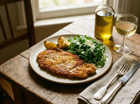 Escalope milanaise croustillante : escalope de veau panée et dorée au beurre, servie avec des quartiers de citron