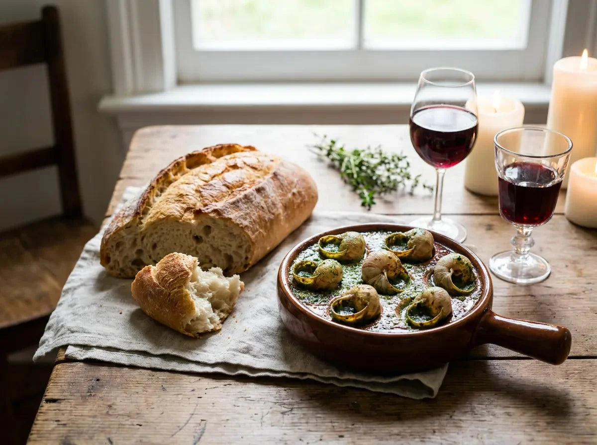 Escargots de Bourgogne gratinés dans leurs coquilles, nappés de beurre persillé à l’ail bouillonnant
