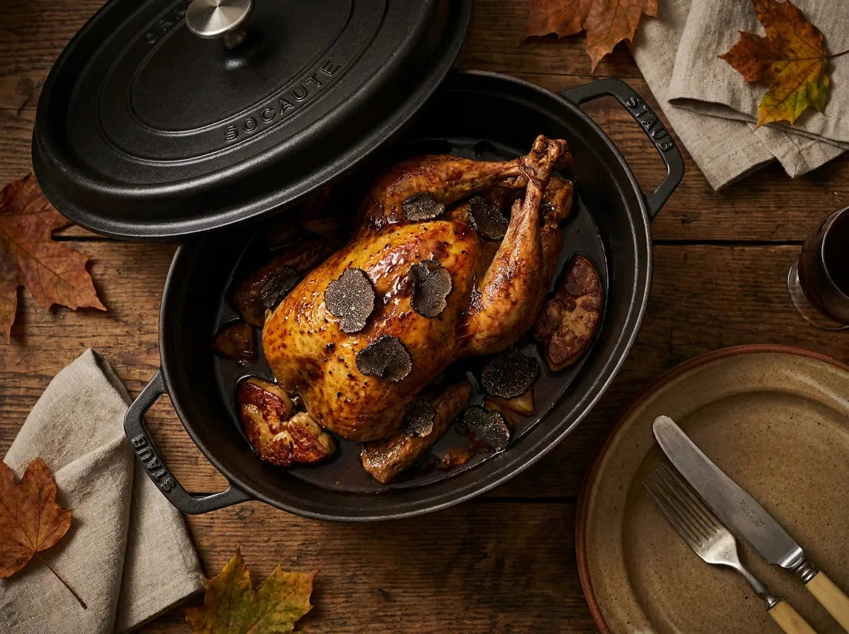 Faisan à la Souvaroff dans une cocotte en fonte, entouré de dés de foie gras et de lames de truffe noire, jus au Madère