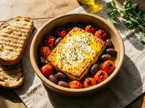 Feta rôtie au four dans un plat avec tomates cerises, olives, origan et huile d’olive