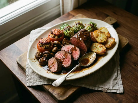 Filet de bœuf Richelieu tranché et nappé de son fond, entouré de tomates farcies, champignons, laitues braisées et pommes château