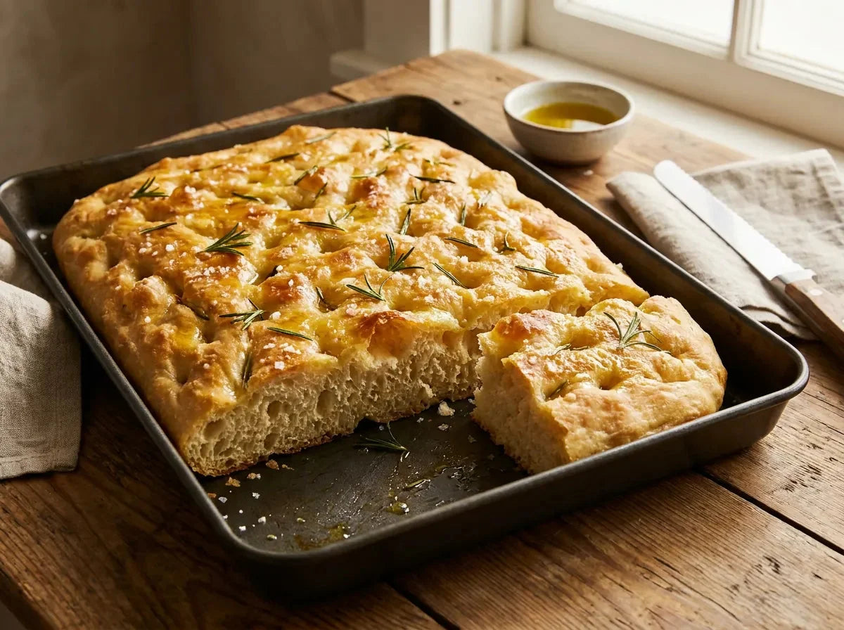 Focaccia italienne au romarin dans son plat : surface dorée creusée de fossettes brillantes d’huile d’olive, romarin frais et fleur de sel