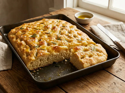 Focaccia italienne au romarin dans son plat : surface dorée creusée de fossettes brillantes d’huile d’olive, romarin frais et fleur de sel