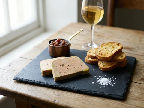 Tranches de foie gras mi-cuit sur ardoise avec pain de campagne toasté et chutney de figues