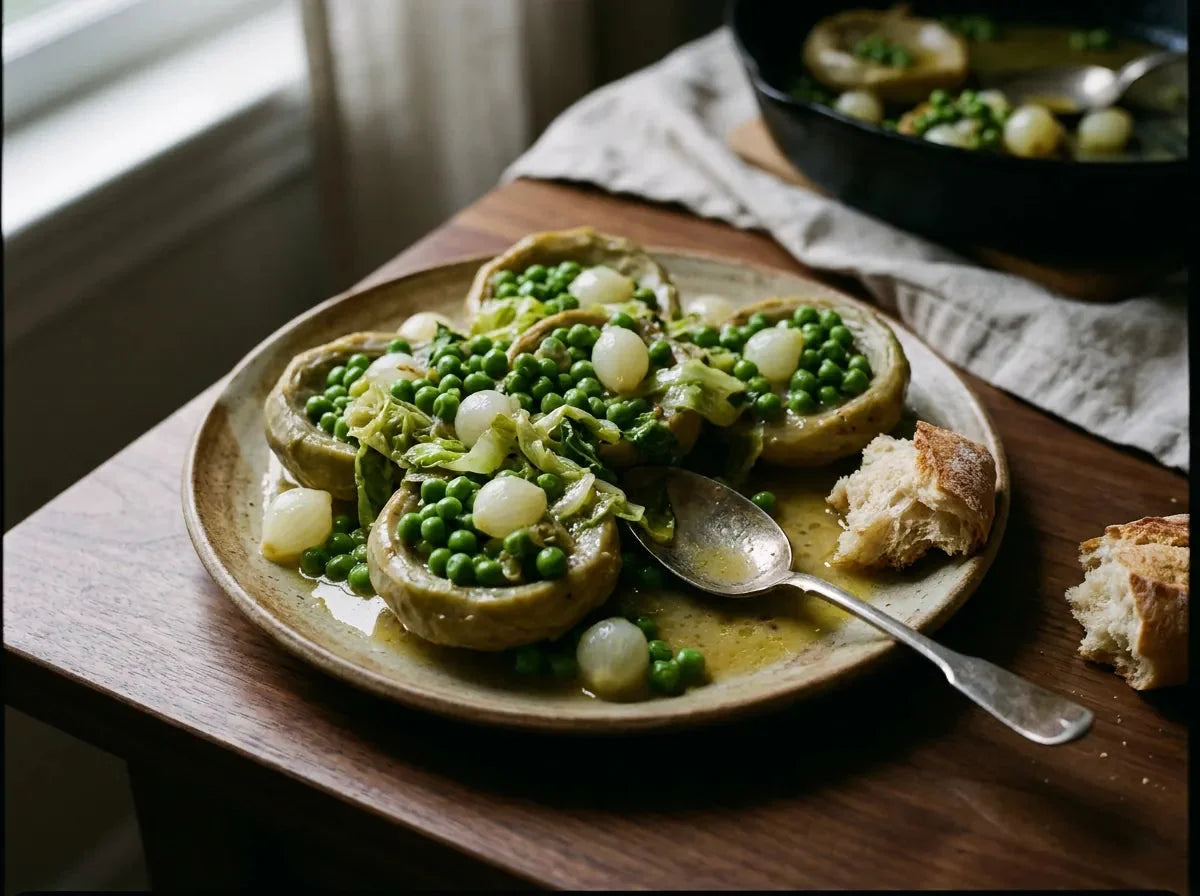 Fonds d'artichauts garnis de petits pois à la française avec laitue et oignons grelots, garniture Clamart de printemps