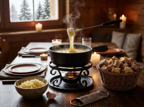 Fondue savoyarde dans son caquelon en fonte sur le réchaud, fromage fondu lisse et nappant, cubes de pain de campagne autour