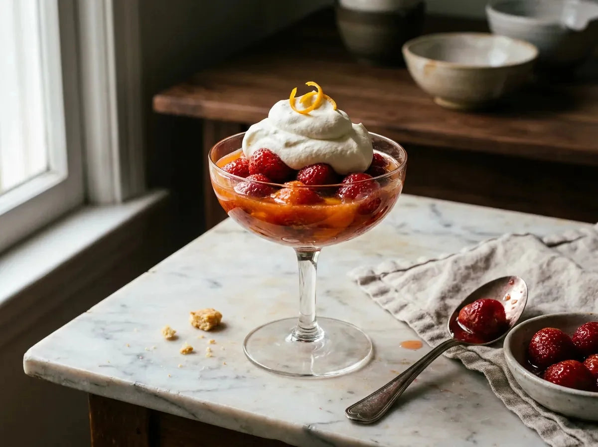 Coupe de fraises Romanoff : fraises macérées au jus d’orange et curaçao surmontées d’une crème Chantilly parfumée à l’orange