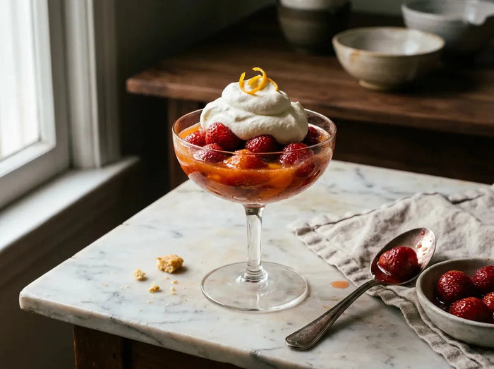 Coupe de fraises Romanoff : fraises macérées au jus d’orange et curaçao surmontées d’une crème Chantilly parfumée à l’orange
