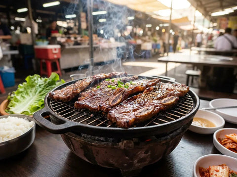 Côtes de bœuf galbi grillées et laquées sur un barbecue coréen, bords caramélisés, graines de sésame, feuilles de salade et bol de riz autour