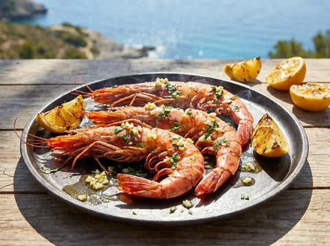 Gambas grillées à la plancha, carapaces rougies, nappées d’ail haché, de persil et d’huile d’olive, avec des quartiers de citron