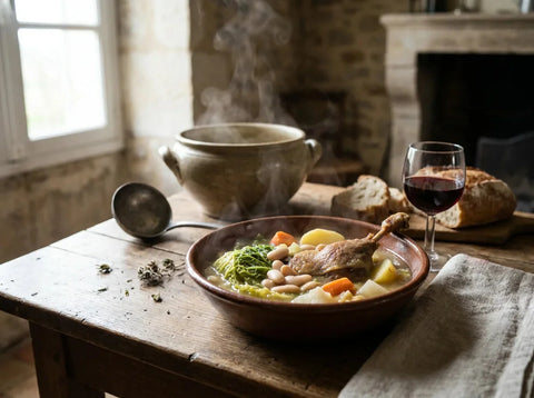 Garbure gasconne servie en assiette creuse : bouillon épais, chou vert, haricots tarbais, légumes d'hiver et cuisse de confit de canard