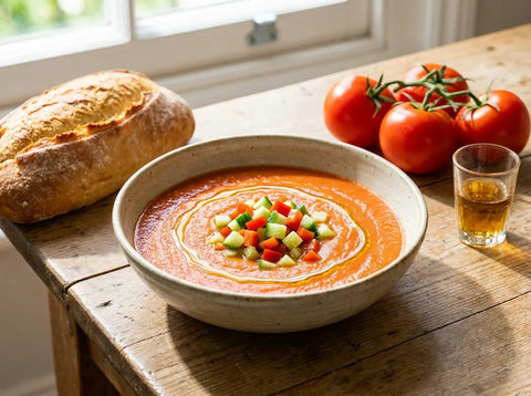 Gaspacho de tomates andalou servi glacé dans un bol, garni de dés de concombre et de poivron et d’un filet d’huile d’olive