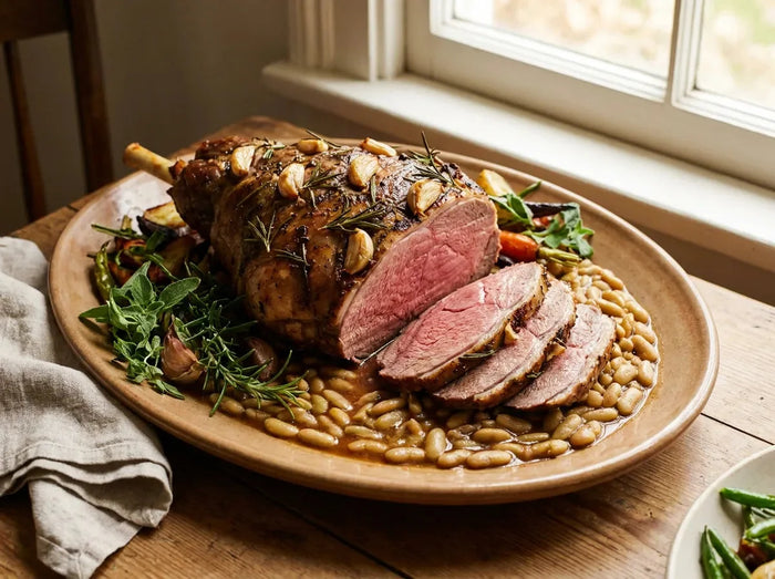 Gigot d’agneau rôti à l’ail et au romarin, tranché, servi avec des flageolets fondants et nappé de jus de rôti