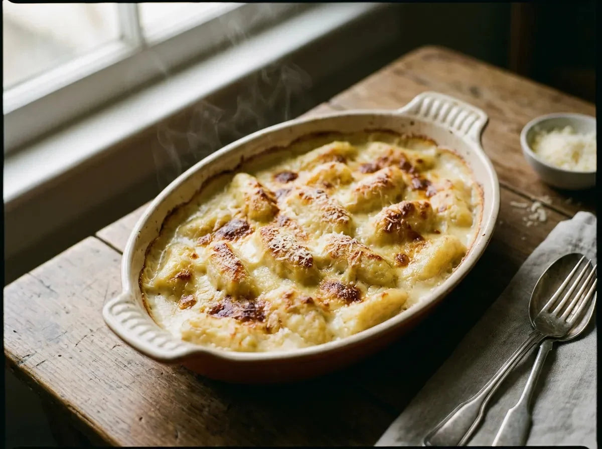 Gnocchis à la parisienne : quenelles de pâte à choux gratinées sous une sauce Mornay dorée