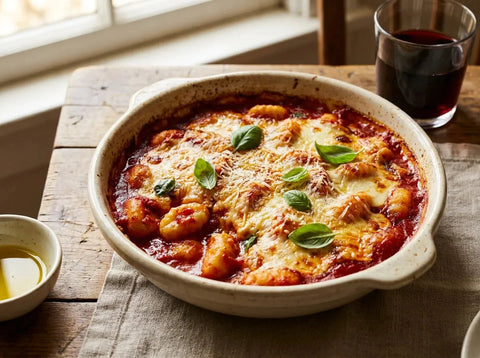 Gnocchis à la sauce tomate et mozzarella gratinés au four, fromage fondant et doré, parsemés de basilic frais
