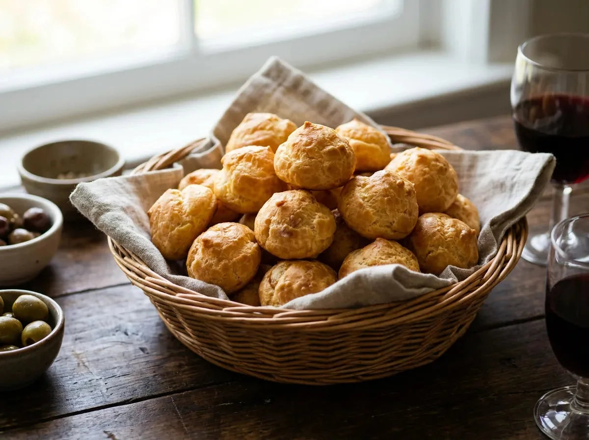 Gougères bourguignonnes dorées et soufflées au comté, servies dans une corbeille pour l’apéritif