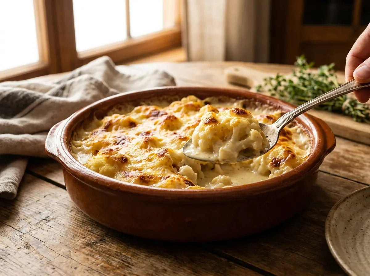 Gratin de chou-fleur à la béchamel dans un plat : bouquets nappés de sauce et coiffés de fromage doré et gratiné