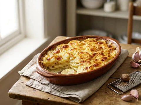 Gratin dauphinois doré et crémeux dans son plat en terre cuite