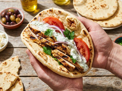 Gyros de poulet maison dans un pain pita chaud avec tzatziki, tomate et oignon rouge