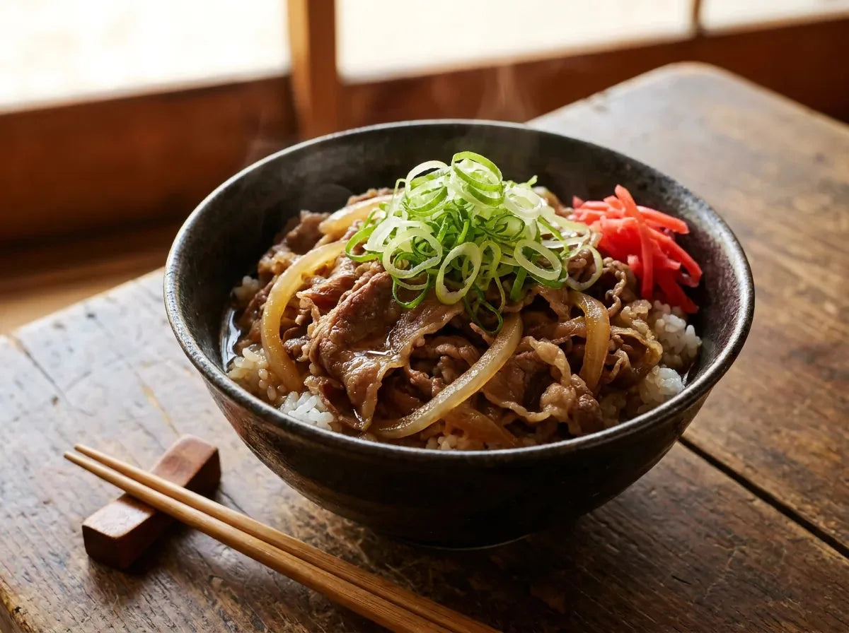 Bol de gyudon japonais : fines lamelles de bœuf et oignon fondant nappés de bouillon sucré-salé sur un riz blanc, oignon nouveau et gingembre mariné