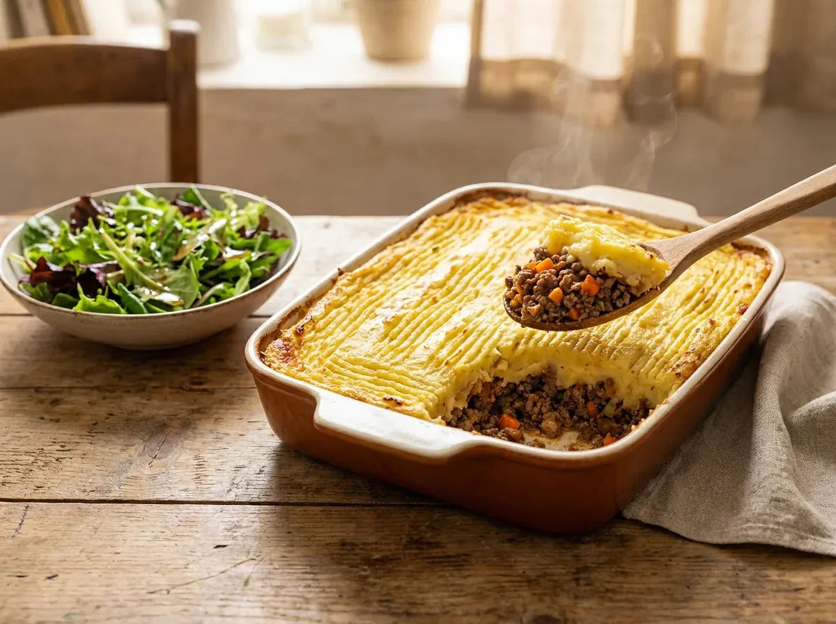 Hachis parmentier gratiné dans un plat, purée dorée peignée à la fourchette au-dessus d’une viande hachée fondante
