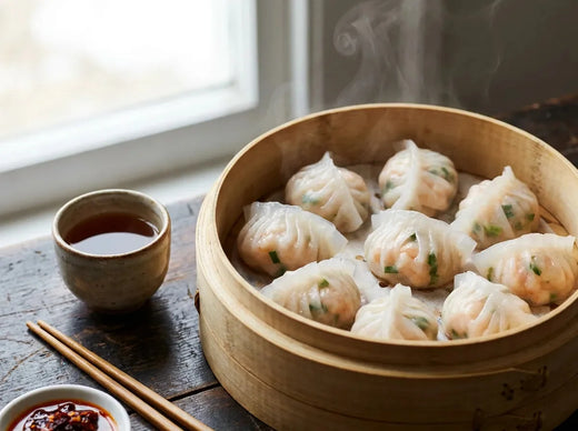 Har gow dans un panier vapeur en bambou : raviolis de crevettes à la peau translucide plissée en éventail laissant voir la farce rose