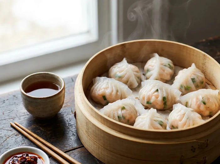 Har gow dans un panier vapeur en bambou : raviolis de crevettes à la peau translucide plissée en éventail laissant voir la farce rose