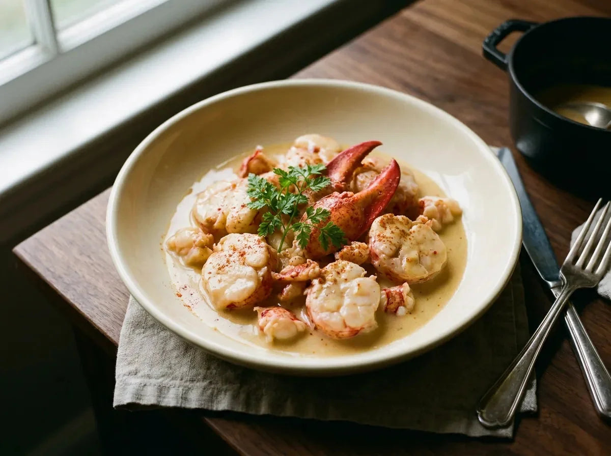 Homard Newburg : médaillons de homard nappés d'une sauce crémée au madère et cognac, riz pilaf
