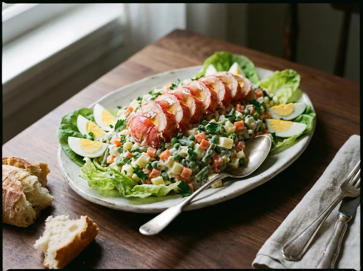 Homard à la parisienne : médaillons de homard lustrés de gelée sur une macédoine de légumes à la mayonnaise, dressage de buffet