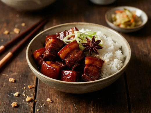 Bol de hong shao rou : cubes de poitrine de porc caramélisés et laqués dans une sauce brune brillante, parsemés d’oignon vert, avec un bol de riz