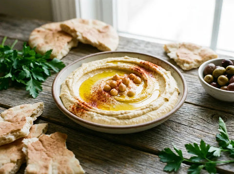 Assiette de houmous maison crémeux aux pois chiches, puits d’huile d’olive et paprika, servi avec pain pita et olives
