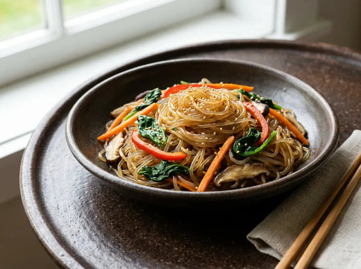 Japchae coréen : nouilles de patate douce translucides sautées avec carottes, épinards, poivron, champignons et graines de sésame