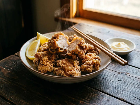 Karaage : bouchées de poulet frit japonais dorées et croustillantes servies avec des quartiers de citron
