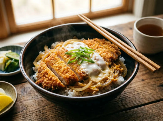 Bol de katsudon japonais : escalope de porc panée en lanières, oignon fondant et œuf coulant sur un riz blanc, parsemé d’oignon nouveau