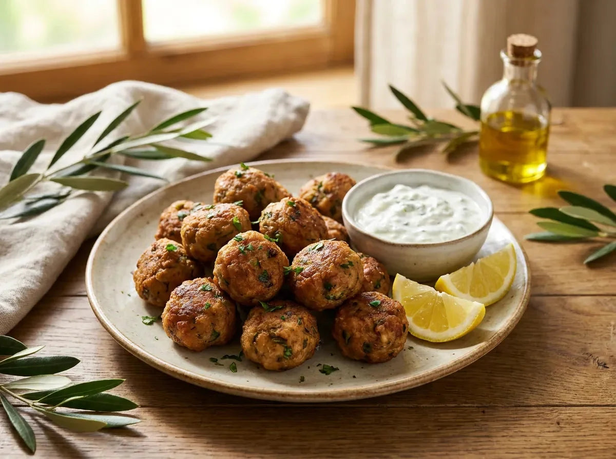 Keftedes, boulettes de viande grecques dorées à la poêle, servies avec tzatziki et menthe fraîche