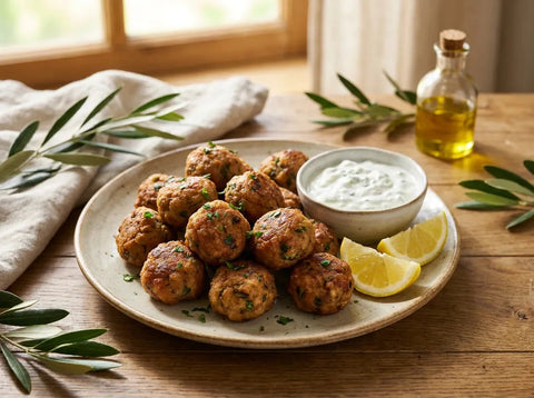 Keftedes, boulettes de viande grecques dorées à la poêle, servies avec tzatziki et menthe fraîche