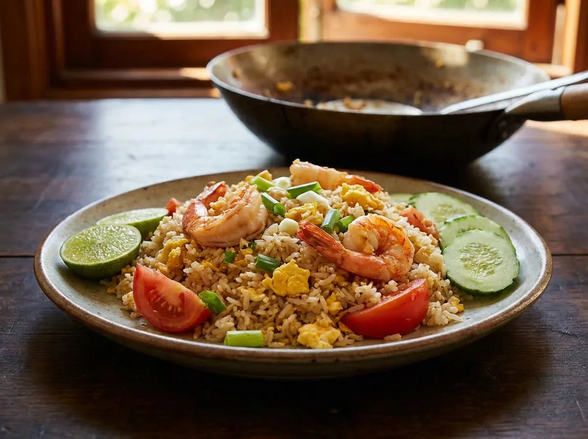 Khao pad, riz frit thaï aux crevettes et à l'œuf, servi avec quartiers de citron vert et rondelles de concombre