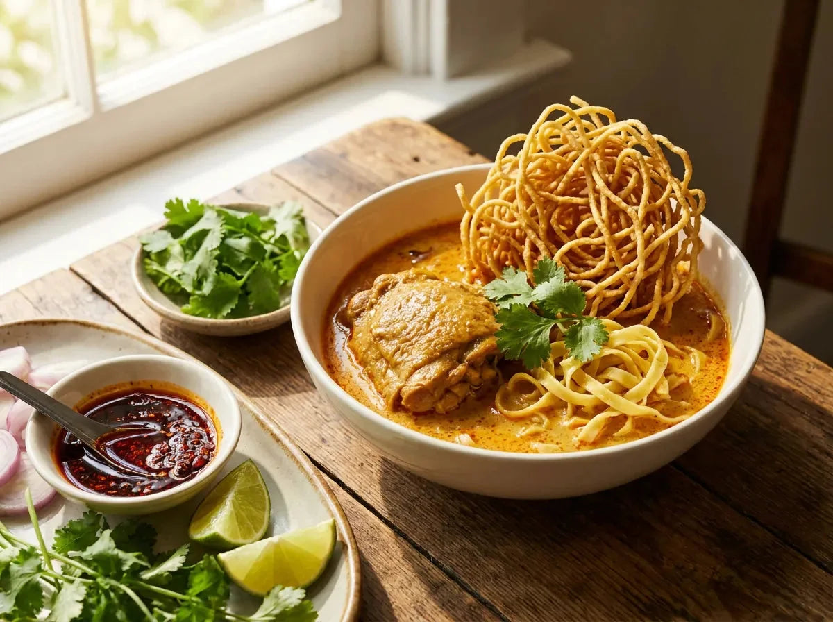 Khao soi : bol de soupe curry-coco du nord thaï avec cuisse de poulet, nouilles aux œufs et nid de nouilles frites croustillantes
